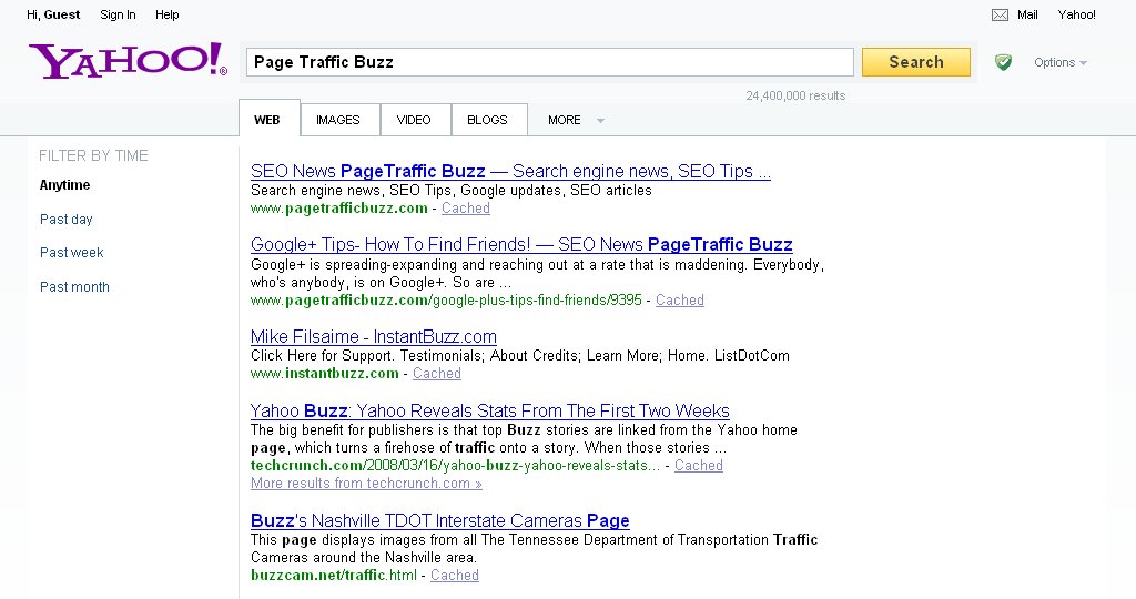 Yahoo Search Page for PageTraffic Buzz